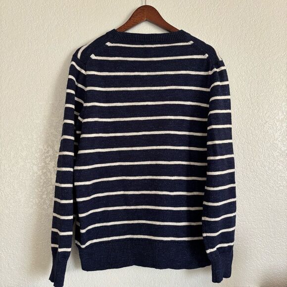 J. Crew 100% Cotton Crew Neck Preppy Navy White Striped Sweater - Picture 3 of 8
